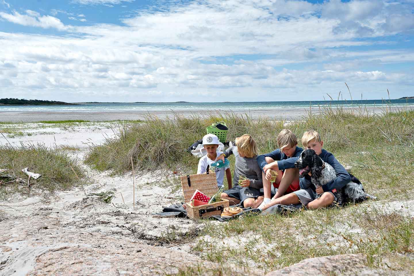 Hundvänligt boende nära hundbad, strand och hunddusch på First Camp. Barn och hund på stranden i Varberg.