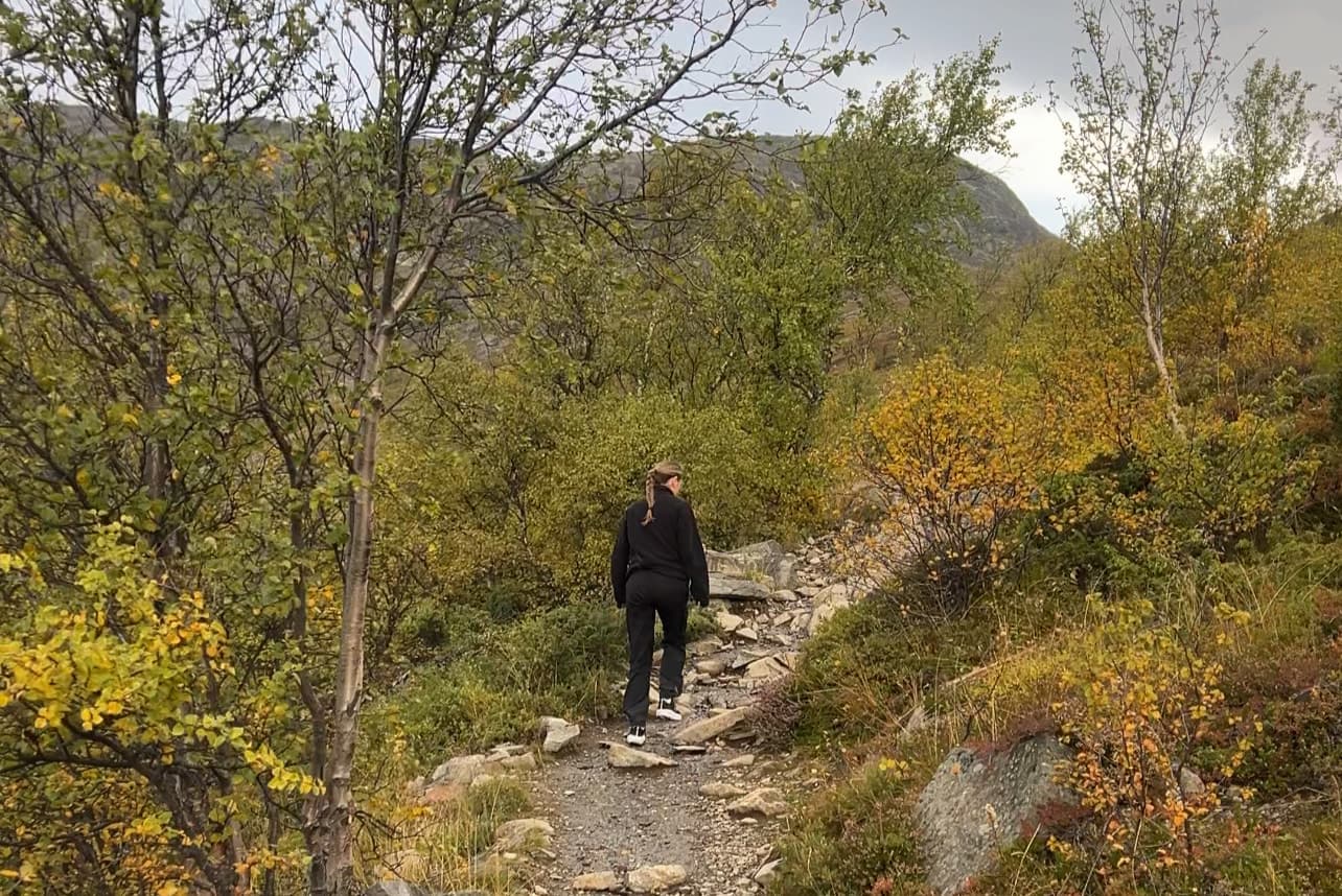 Vandrare på Knutshøe med utsikt över dramatiskt fjällandskap