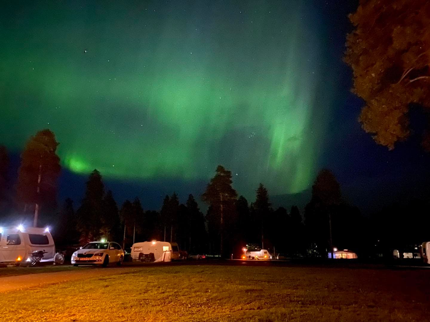 Norrsken över campingområdet på Ansia Lycksele