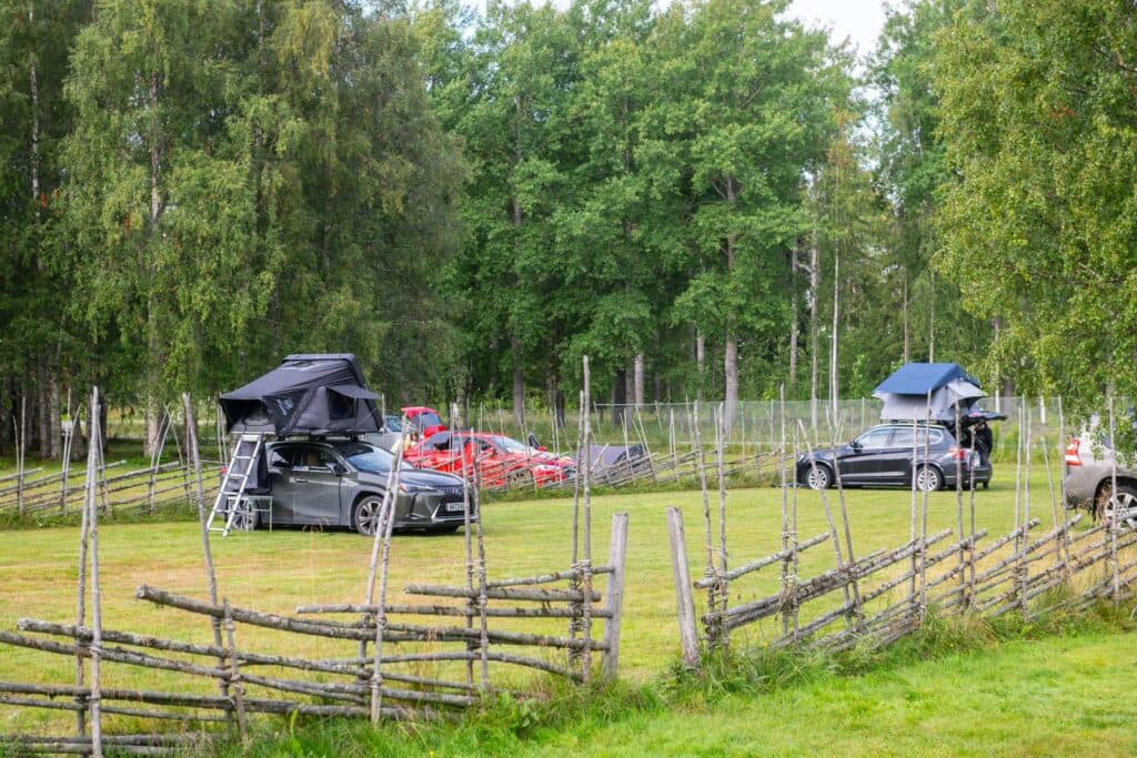 Campingplatser och bil med taktält omgivna av grön natur på Nydala Umeå camping