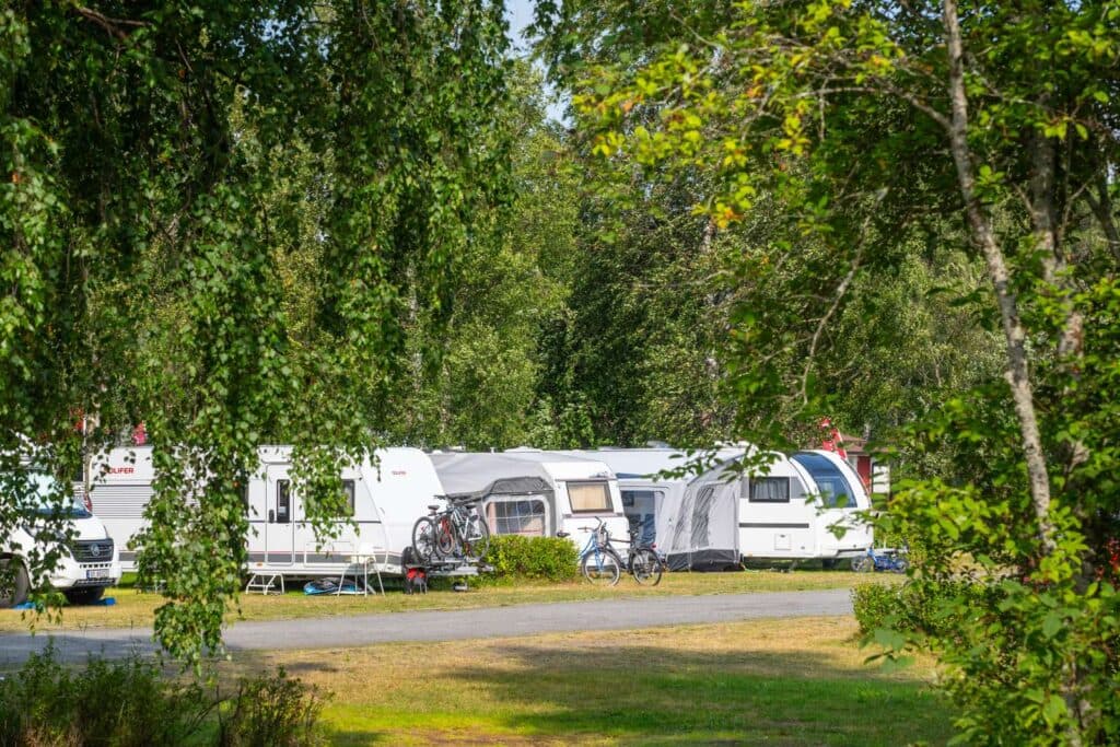 Campingområde med husvagnar bland grönskan på Nydala Umeå camping